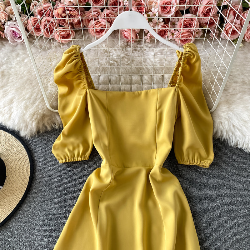 Französisches Retro-Kleid mit eckigem Ausschnitt und Blasenärmeln an der Taille 2940