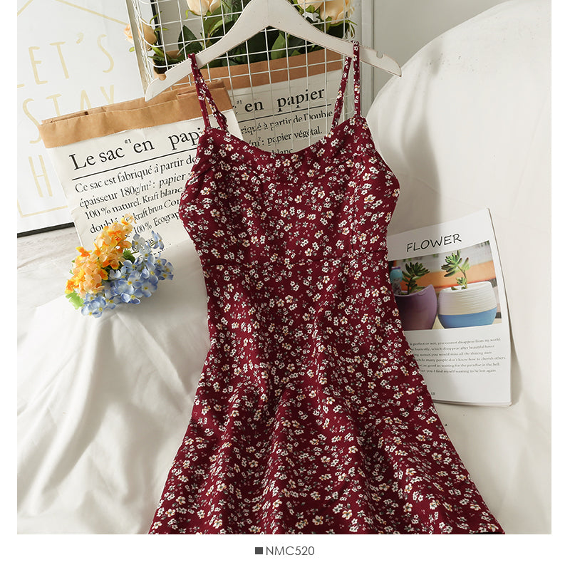 Hong Kong style retro floral high waist low neck short dress  2694