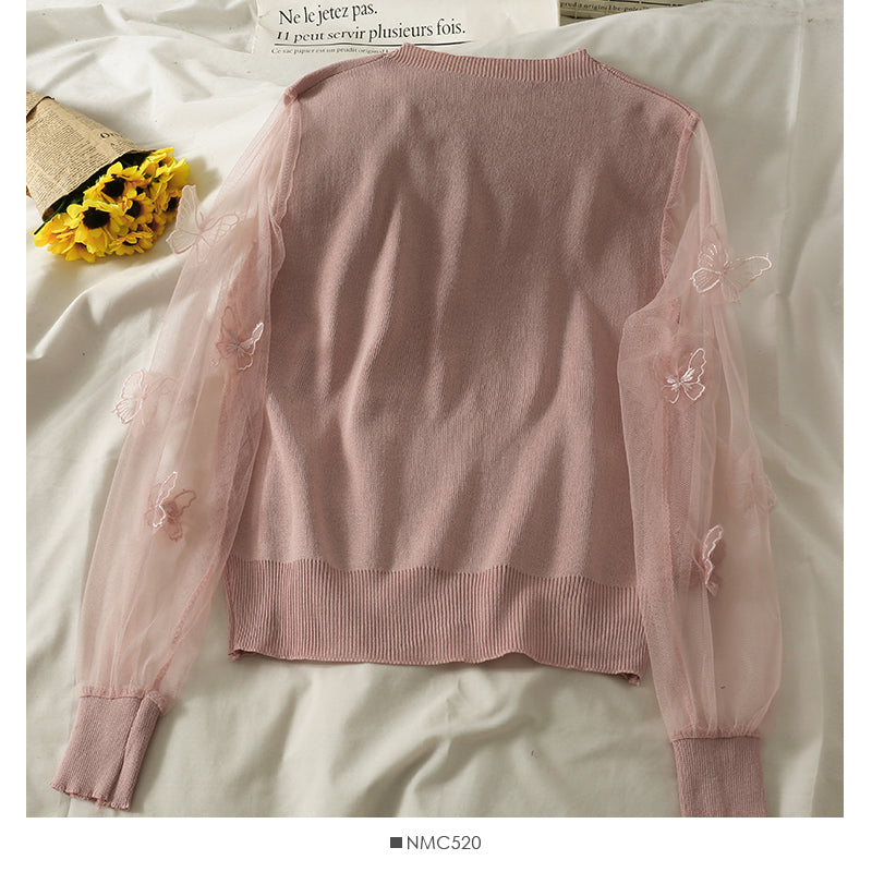 Mesh stitched three-dimensional butterfly long sleeve Pullover Sweater for women  2049