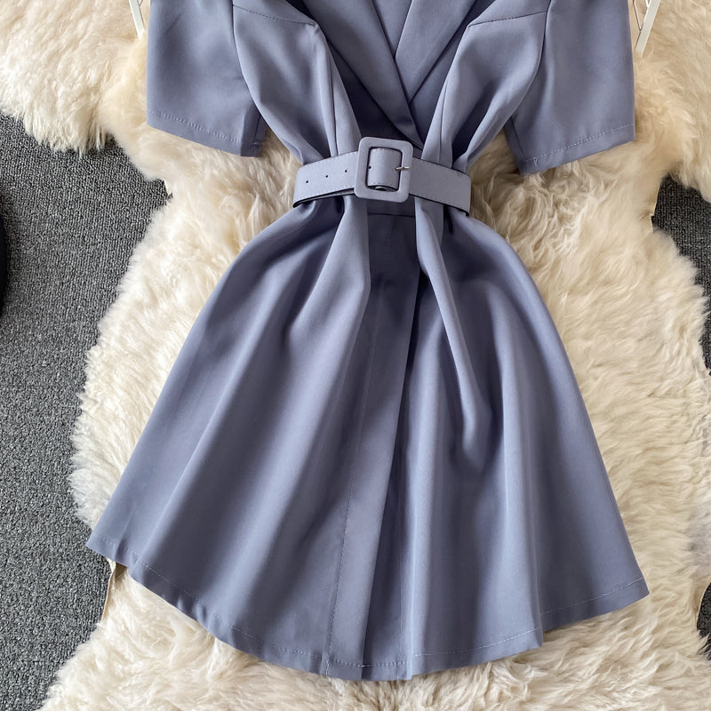 Slim waist, solid color short sleeve suit dress  3197