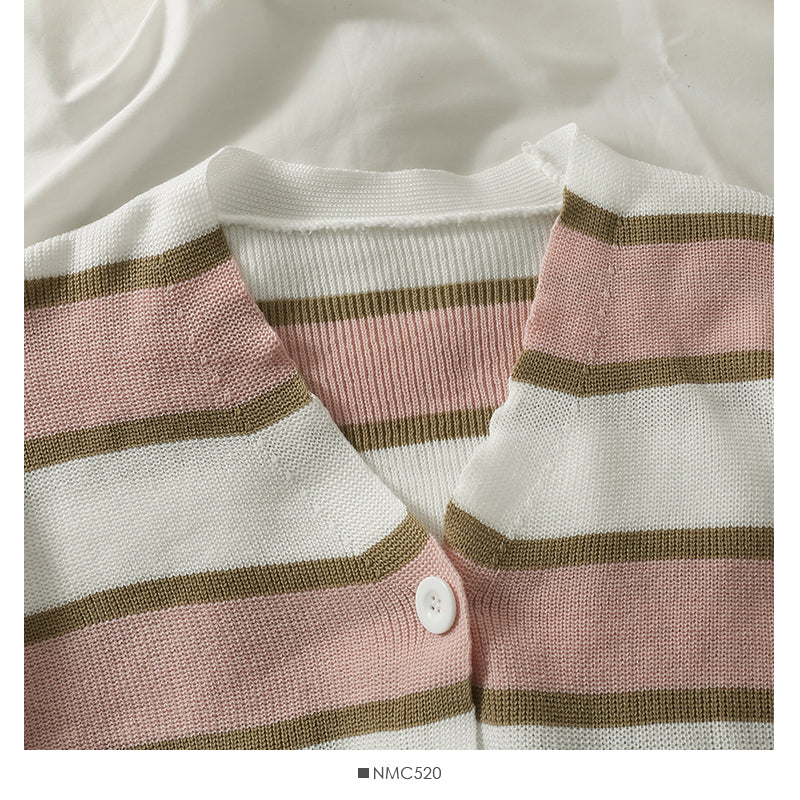 Korean stripe three button low neck thin cardigan long sleeve  1793