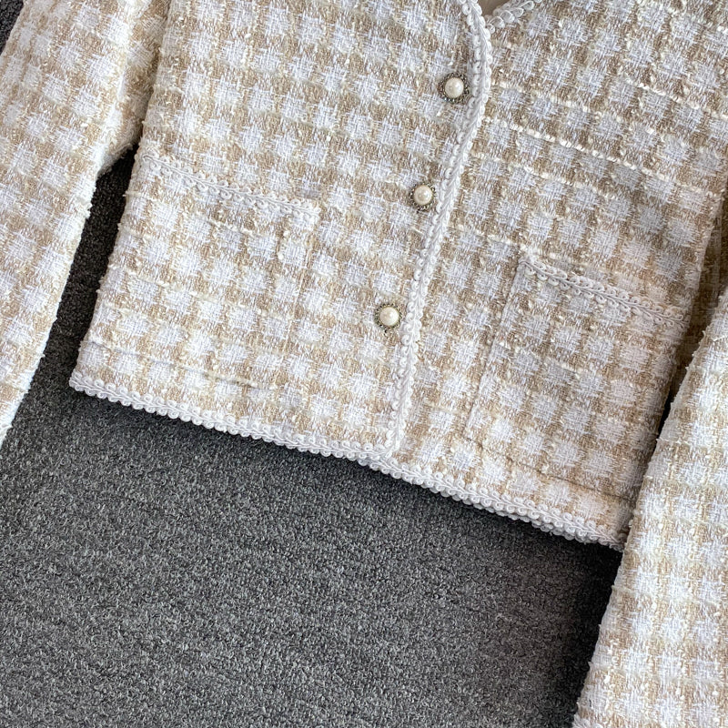 Vintage small fragrance woven tweed V-neck coat  1664