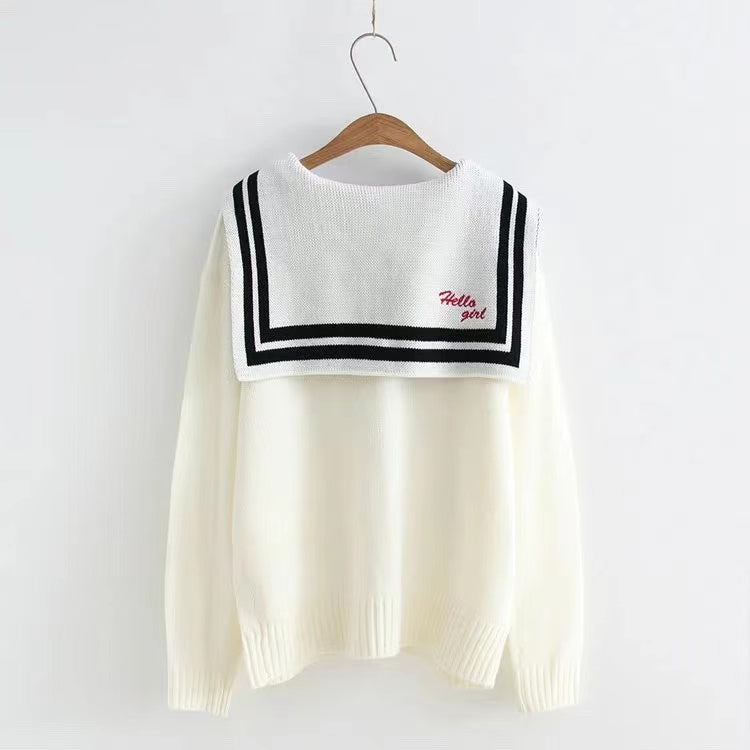 Langarmpullover mit marineblauem Kragen, Strickjacke mit Schleife für Studenten 1414
