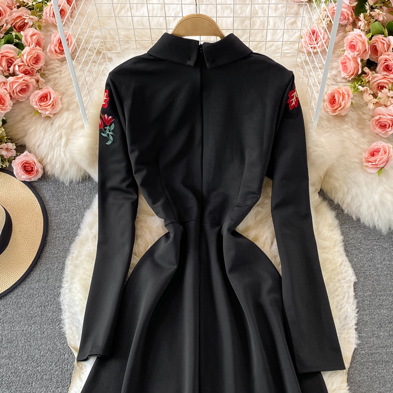 Celebrity temperament high-end Lapel embroidery dress  2916