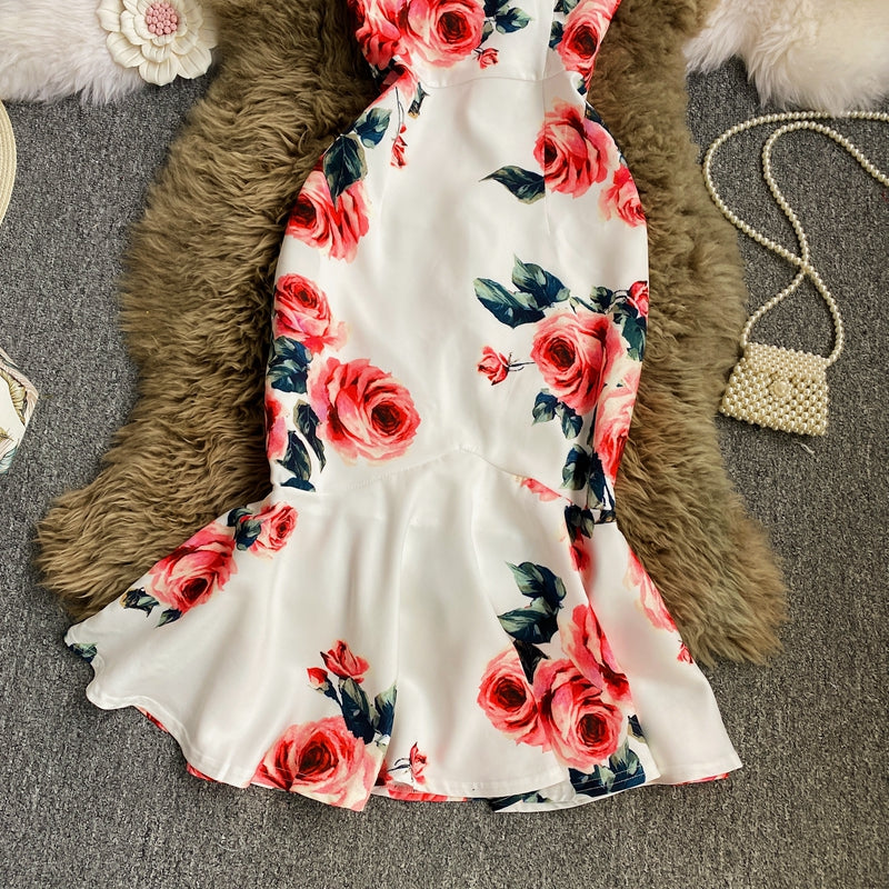 Sexy Strapless slim print medium length ruffled fishtail dress  3031