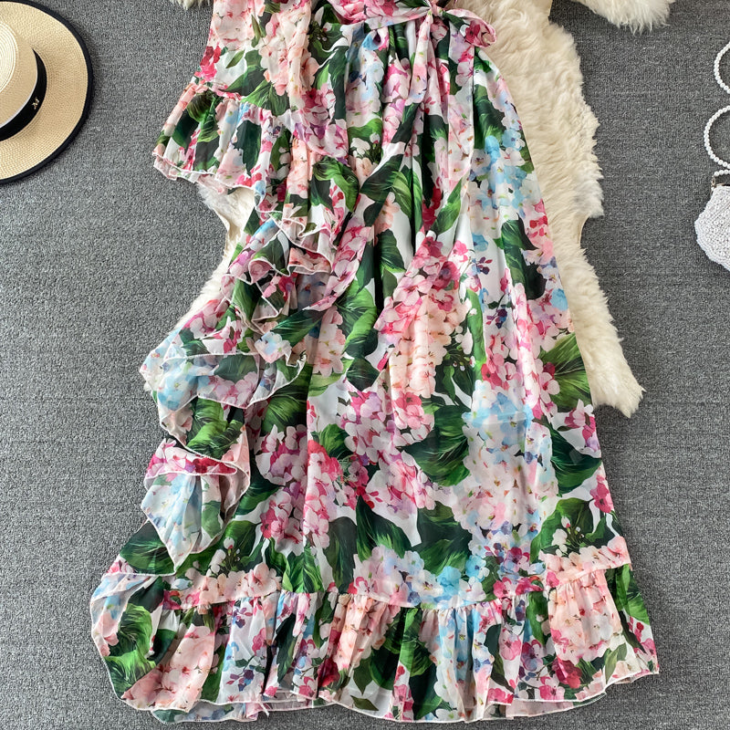 Bedrucktes Kleid 3195 mit schrägem Ausschnitt, einseitig schulterfrei, zum Schnüren