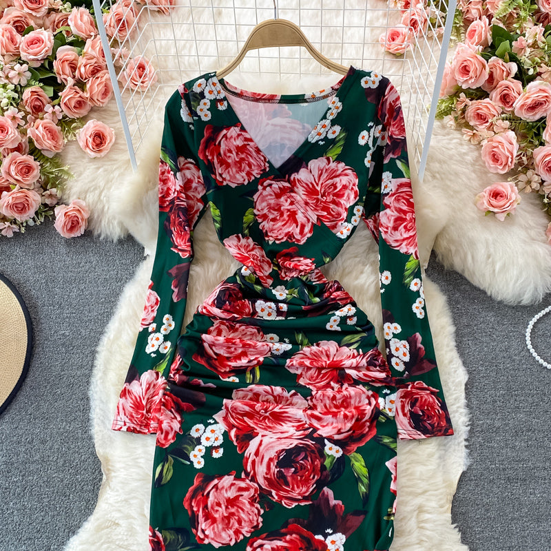 V-neck print slim split dress  3086