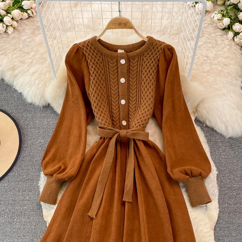 Crew neck twist knit stitched dress  3267