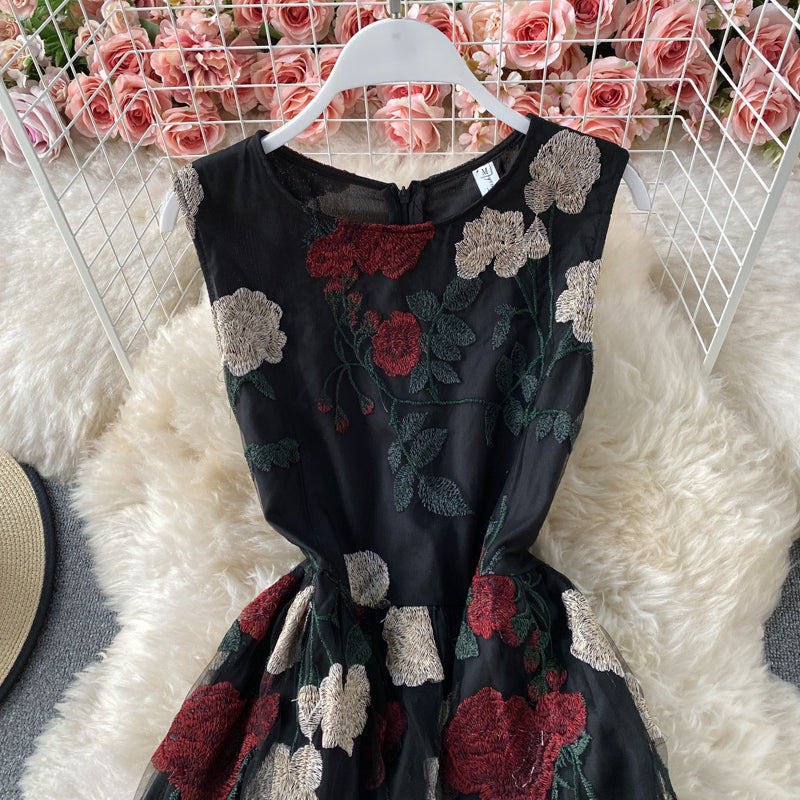 French Vintage mesh Rose Embroidered round neck dress  2942