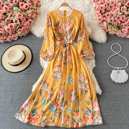 Court Style Vintage Lace Up waist slim print Crew Neck Dress  3211