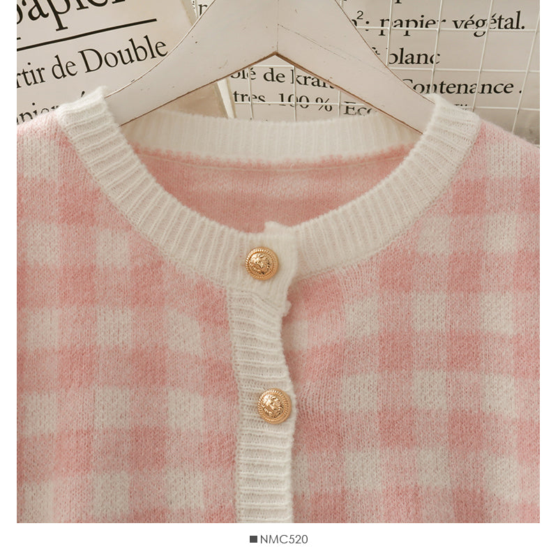 Round neck single breasted long sleeve loose sweater with short suspender skirt inside  2480