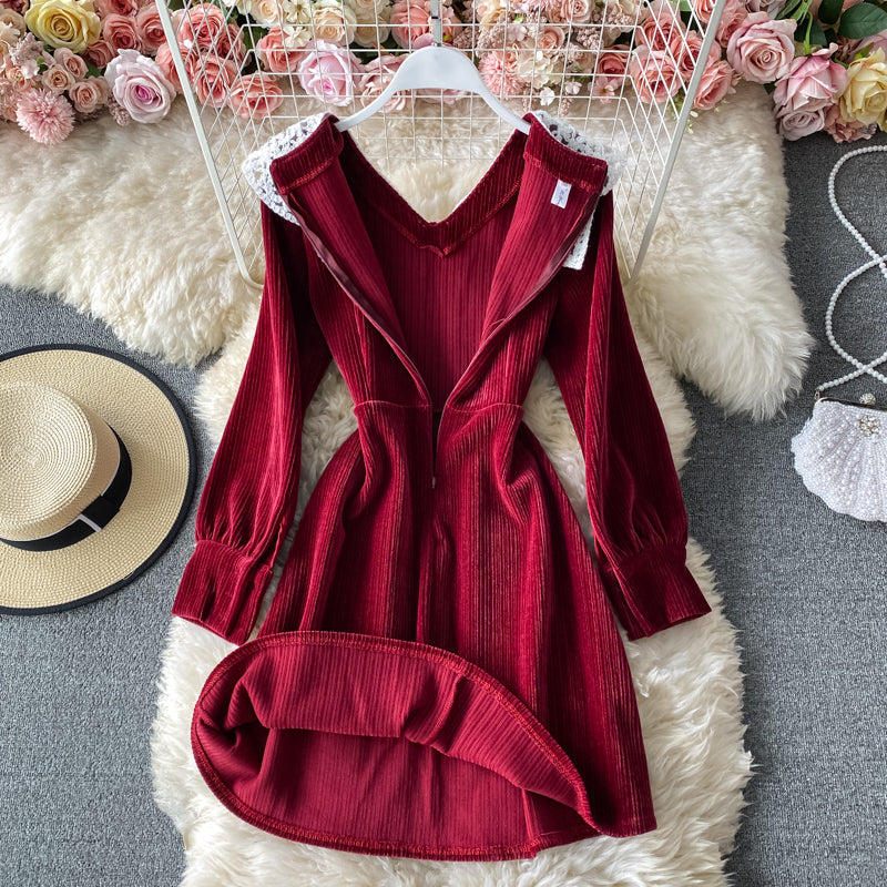 Retro temperament, slim waist, corduroy A-shaped skirt  3152