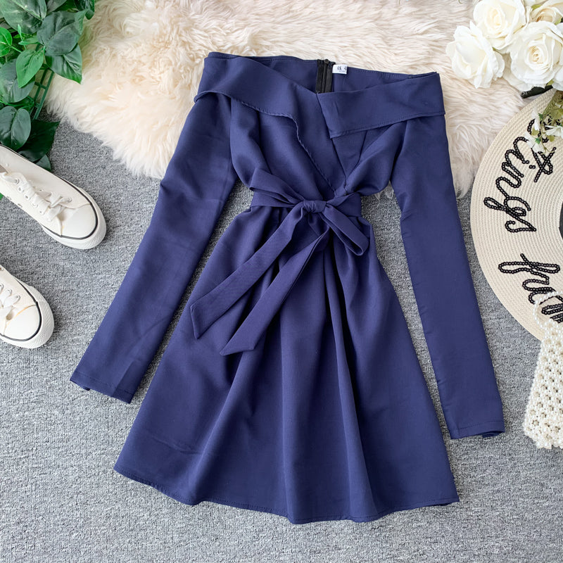 Sexy one line neck waist slim dress  2874