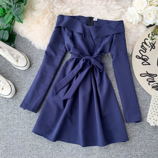 Sexy one line neck waist slim dress  2874
