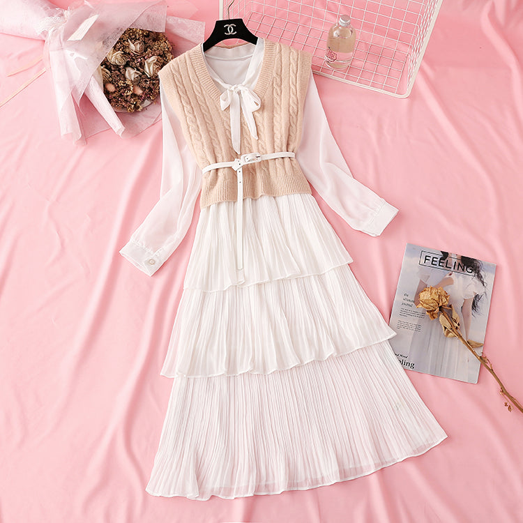 Net red sweater knitted vest chiffon cake skirt two piece suit  2292