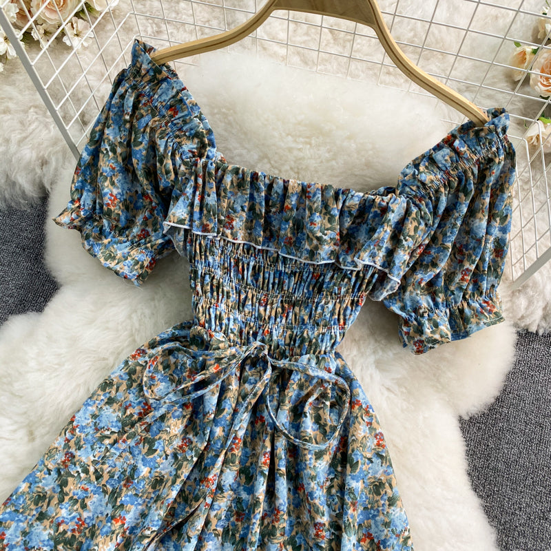 French sweet waist closing thin square neck bubble sleeve Floral Dress  3189