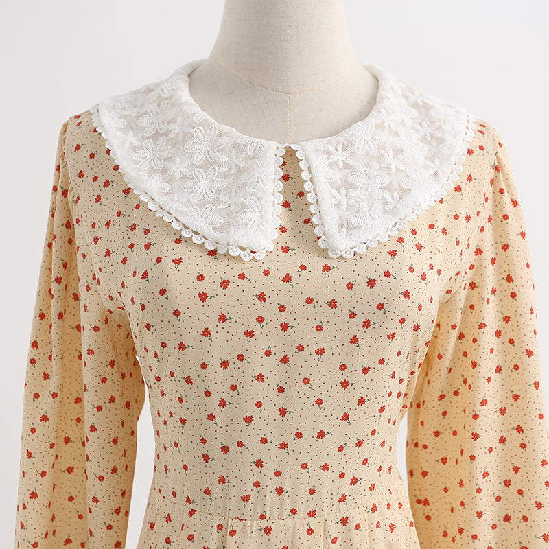 New female doll neck Vintage Chiffon Floral Dress  2250