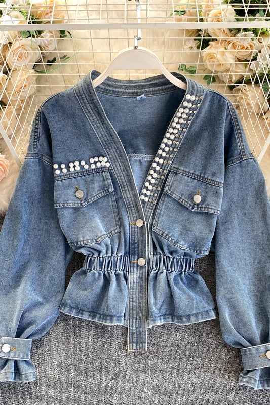 Jeansjacke Damendesign Sense Heavy Industry Nail Bead V-Ausschnitt Slim Fit 1489
