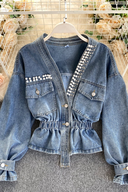 Jeansjacke Damendesign Sense Heavy Industry Nail Bead V-Ausschnitt Slim Fit 1489