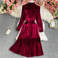 Stand neck off shoulder velvet A-line dress  3034