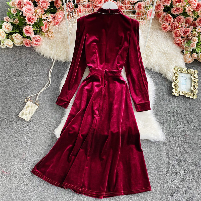Stand neck off shoulder velvet A-line dress  3034