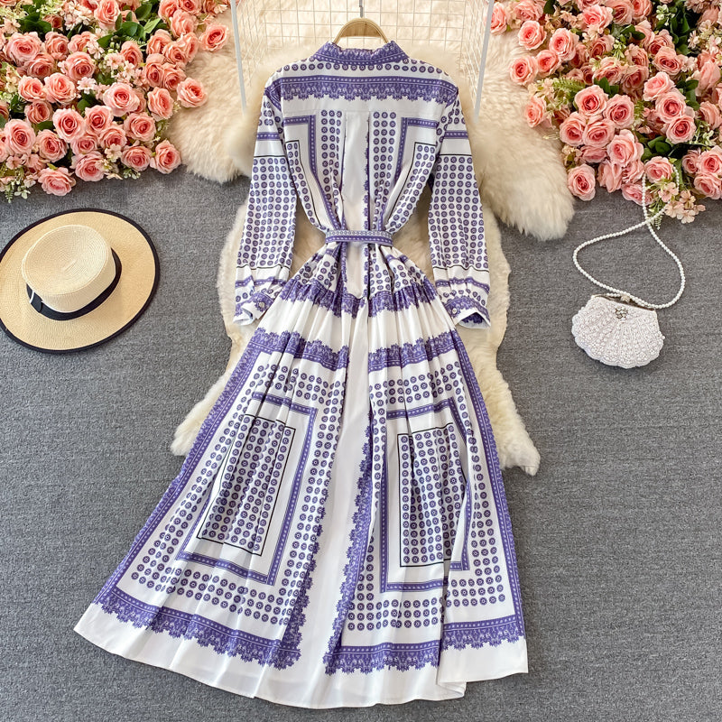 Gentle print lace up Lapel single breasted dress  3368