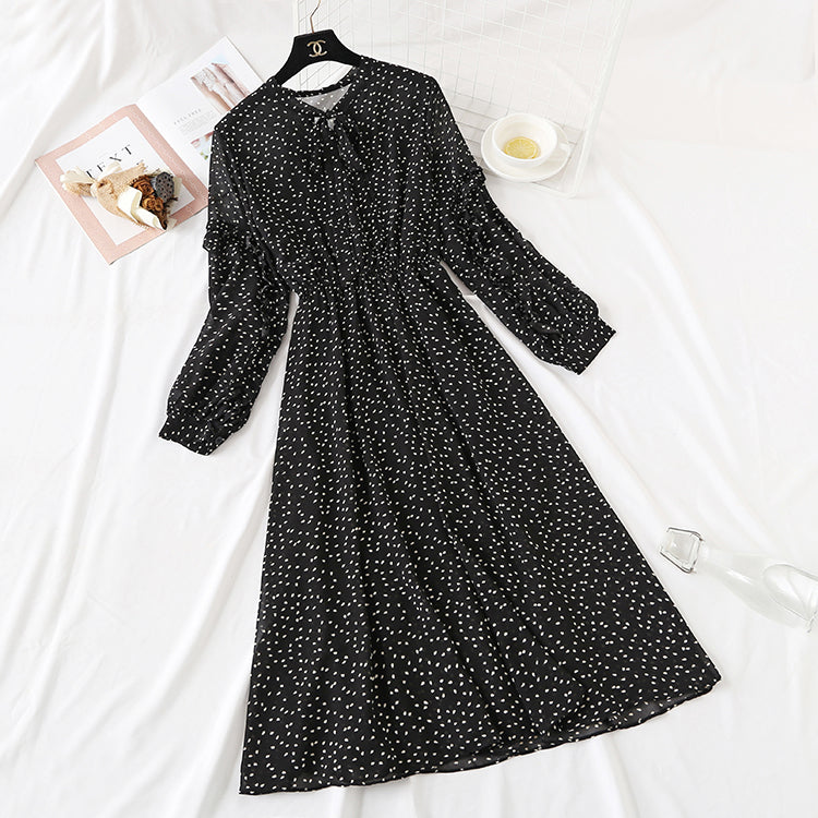 Long sleeve bow tie lace up Ruffle Bubble Sleeve Chiffon Skirt  2354