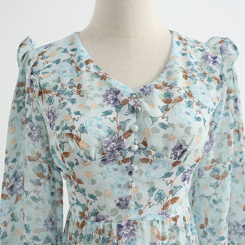 Gentle style, thin floral skirt, V-neck Chiffon Ruffle Skirt  2211