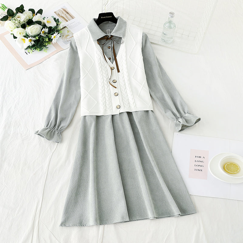Knitted vest corduroy dress sweet college style fashion suit skirt two-piece set  2307