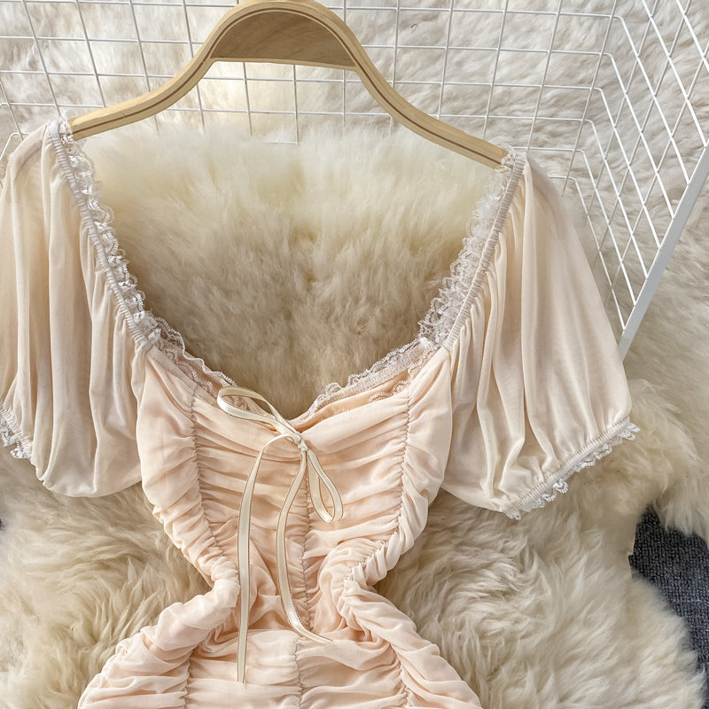 French Ruffle sweet square neck dress  2797