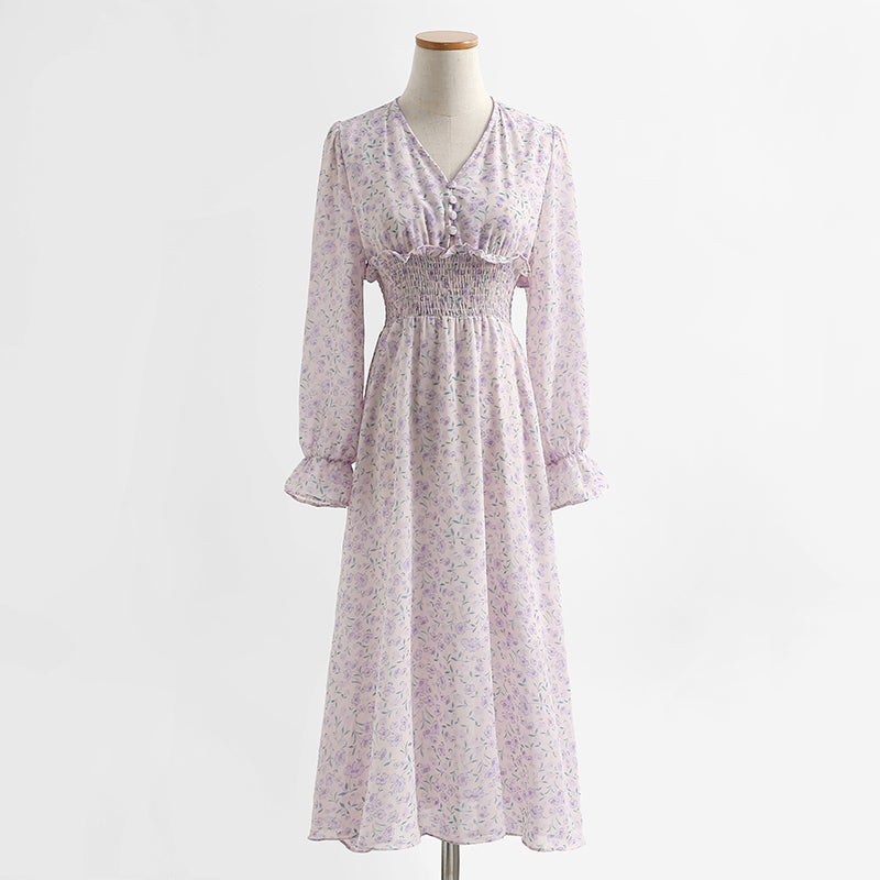 Long sleeved chiffon skirt Floral Dress  2158