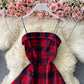 French first love Platycodon grandiflorum skirt dark Plaid waist  2886