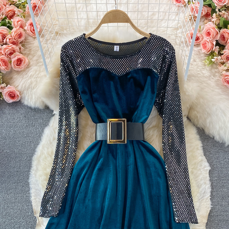Golden velvet waist closing thin Sequin stitching Crew Neck Dress  3246