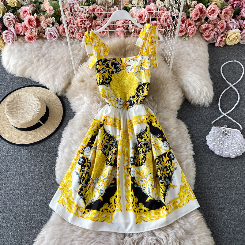 Bow tie strap suspender skirt sweet print age reduction dress  3302