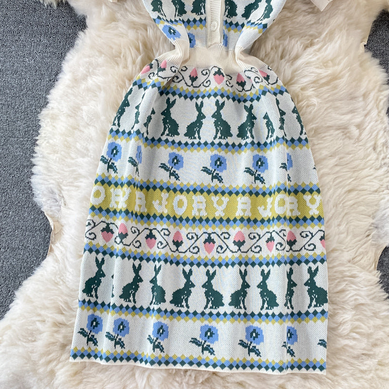 Cartoon rabbit letter jacquard V-neck slim dress  3196