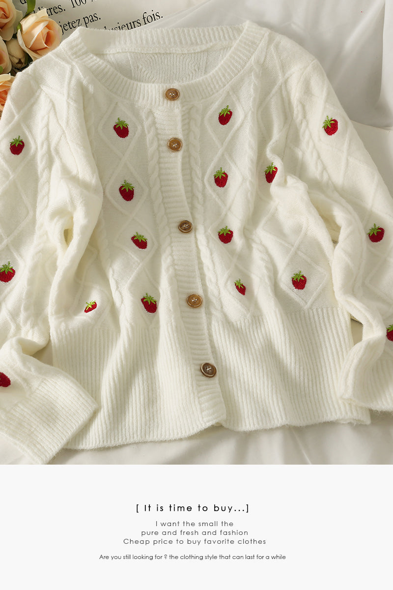 Sweet wind strawberry embroidered cardigan sweater female  1719
