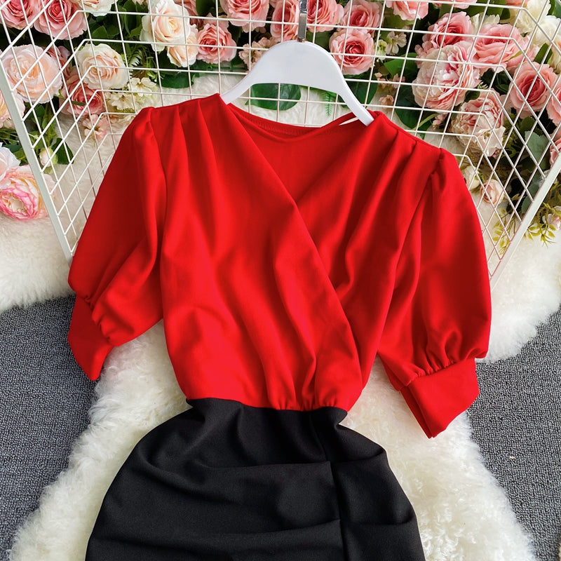 Light familiar commuter V-neck Pleated Dress  3291