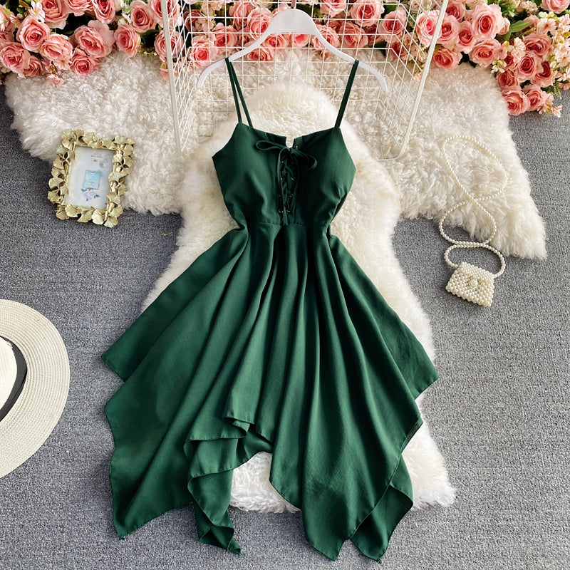 Solid lace up slim sleeveless irregular large hem strapless dress  2721