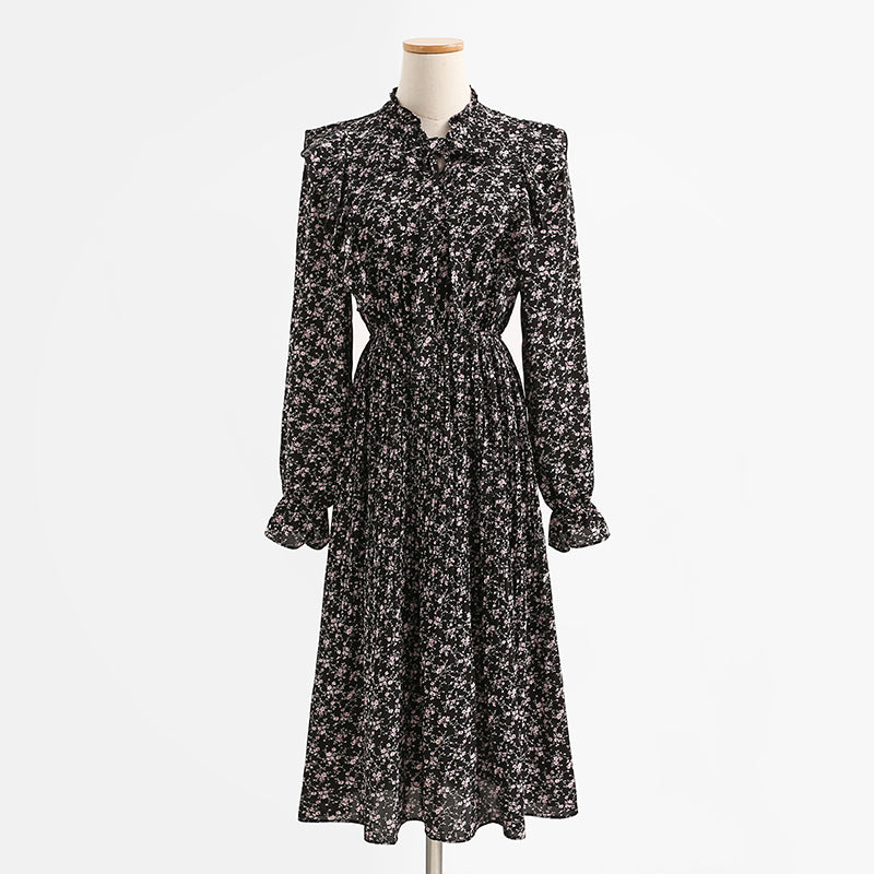 Ruffle French Vintage Long Sleeve Chiffon Dress  2257