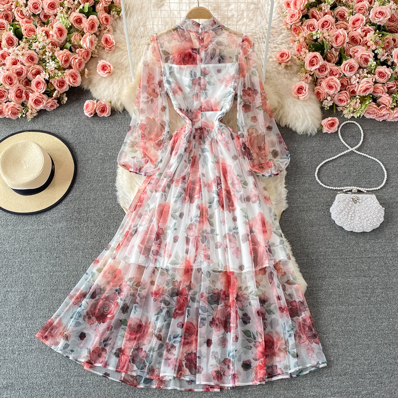 Gentle wind bow tie tie thin high waist Floral Chiffon Dress  3221