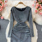 Tassel stitched bright silk irregular fold wrap hip round neck dress  3093