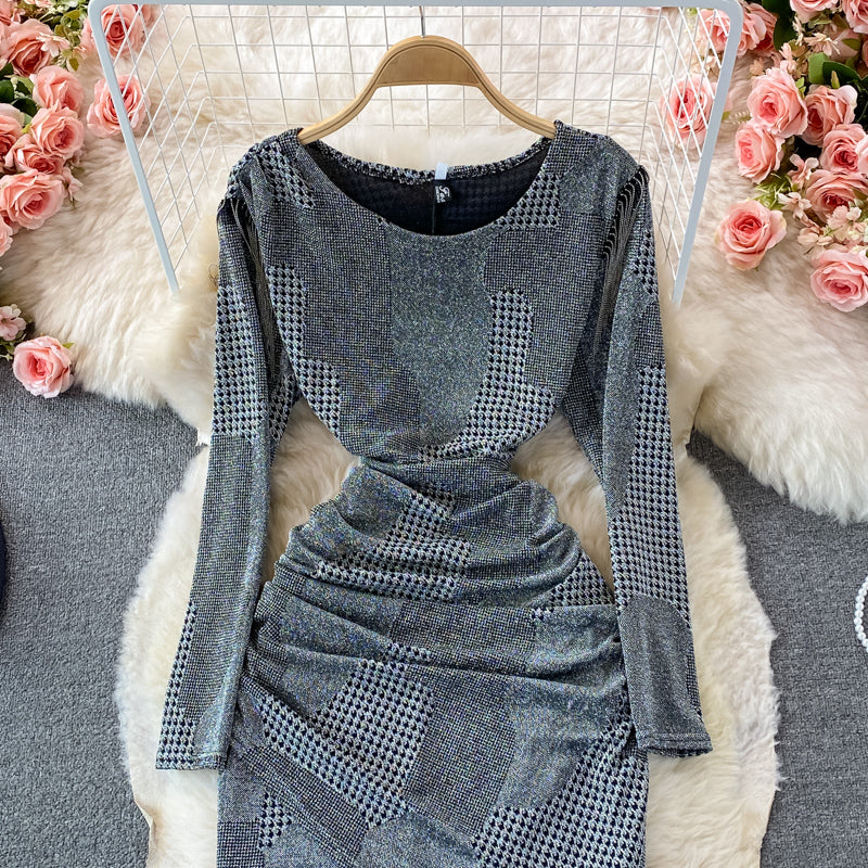 Tassel stitched bright silk irregular fold wrap hip round neck dress  3093