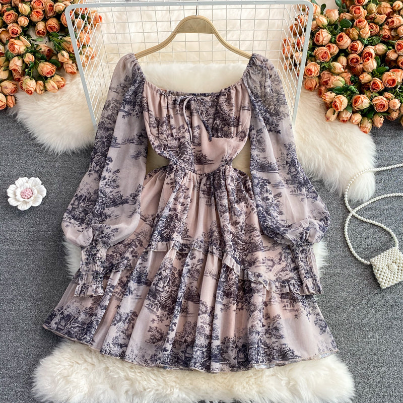 Retro ink painting square neck dress  3000