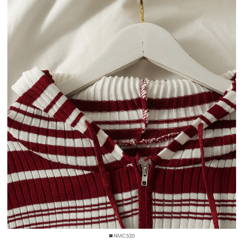 Korean drawstring hooded striped zipper cardigan thin sweater women 2015