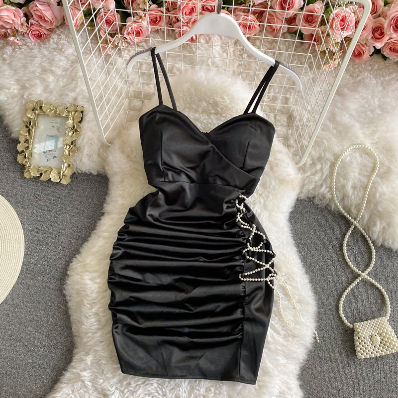Sexy suspender skirt backless Satin skinny Pleated Dress  2817