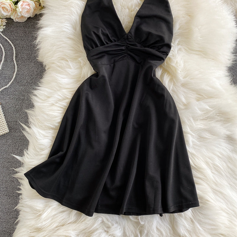 Sexy temperament cross backless neck V-neck dress  2735