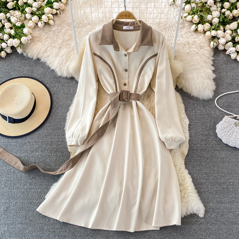Lapel waistband shows thin temperament corduroy dress  3389