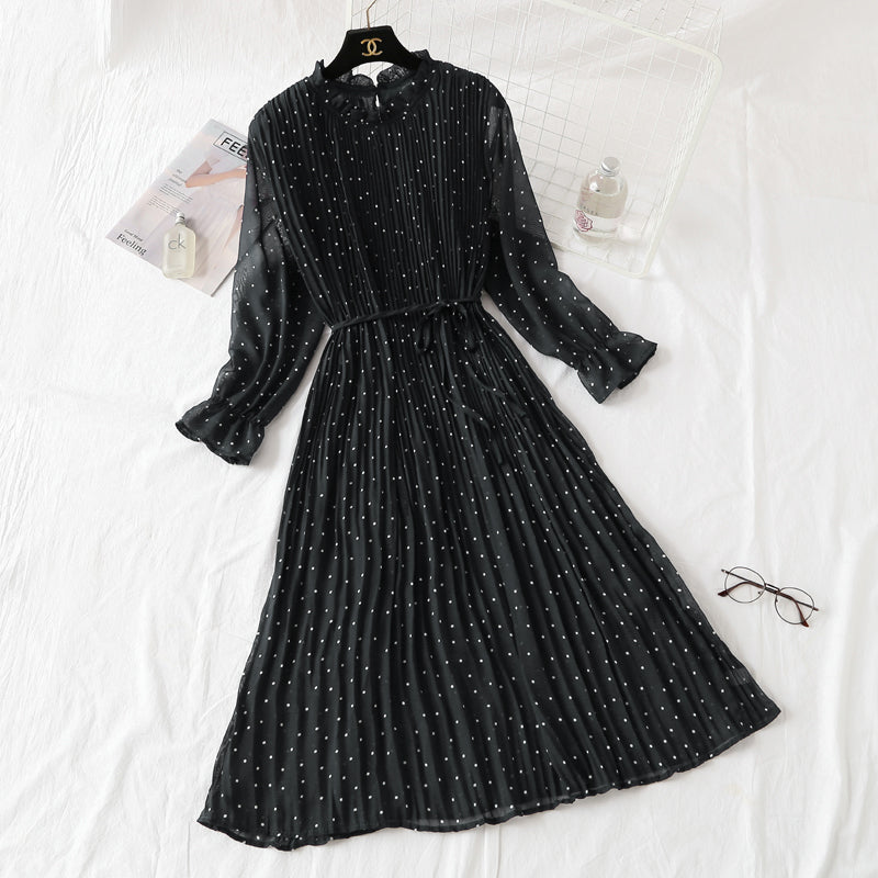 Wave point dress new autumn and winter dress French retro broken flower chiffon long skirt  2128