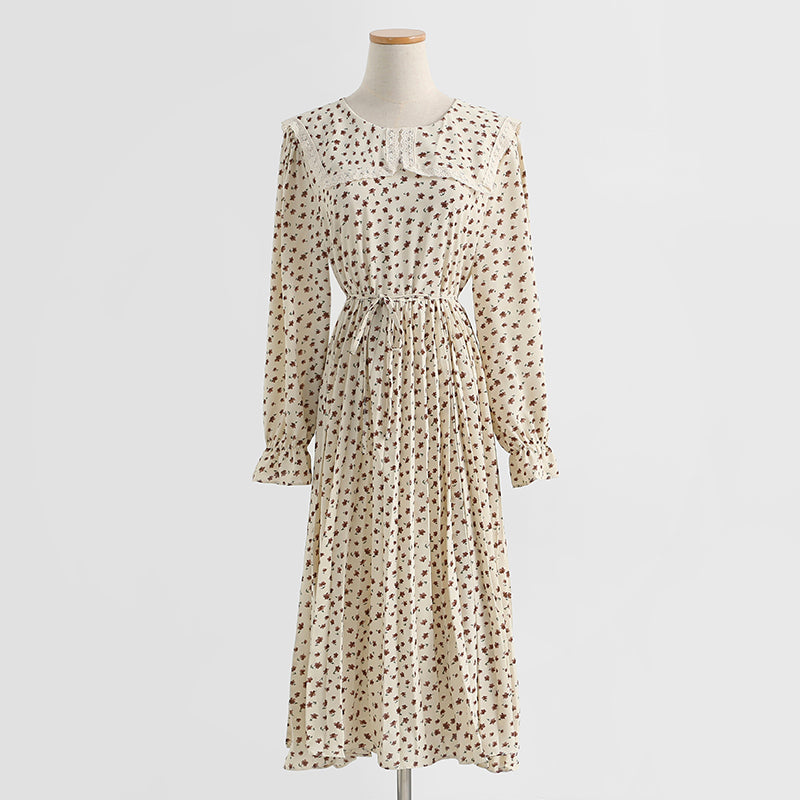 Dress gentle wind long sleeved chiffon skirt with slim waist and long Lapel skirt  2175
