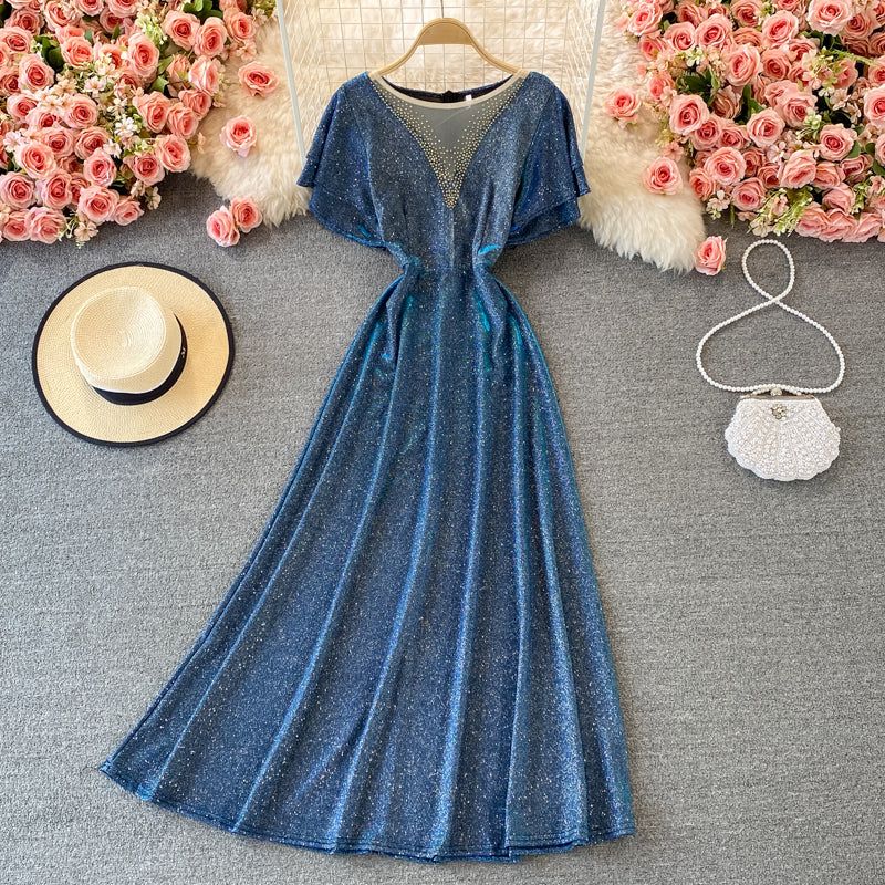 Noble and elegant temperament bright silk round neck dress  2986